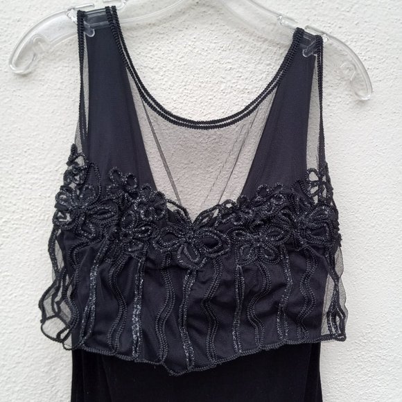 Vintage Velvet Embellished Mesh Overlay Maxi Cocktail Evening Gown 90s 80s - Picture 4 of 16